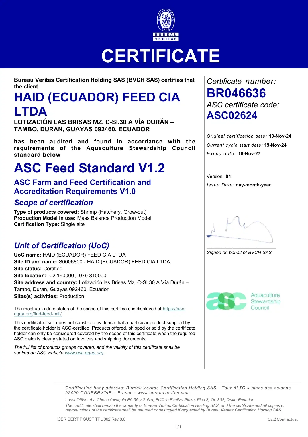 Certificado ASC Feed Standard de HAID (Ecuador) Feed Cia Ltda.